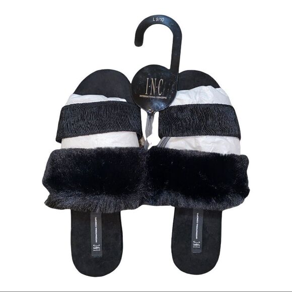 INC Womens Double Band Black Faux Fur Slippers NWT - Picture 2 of 3